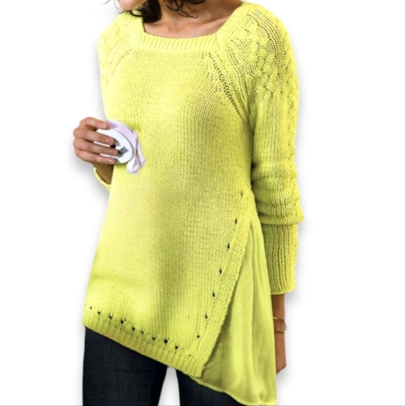 Soft Surroundings Cable Knit Sweater Large Bright Yellow Sheer Accent Side - Picture 1 of 15
